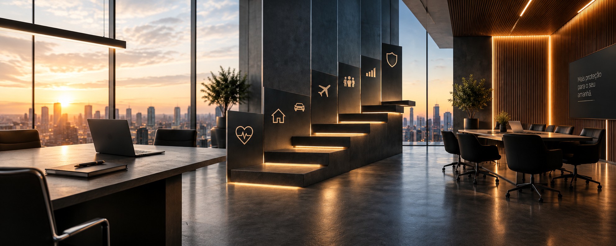 Escritório moderno com escada decorada com ícones de saúde, casa, carro, viagem, família e proteção, vista da cidade ao pôr do sol ao fundo