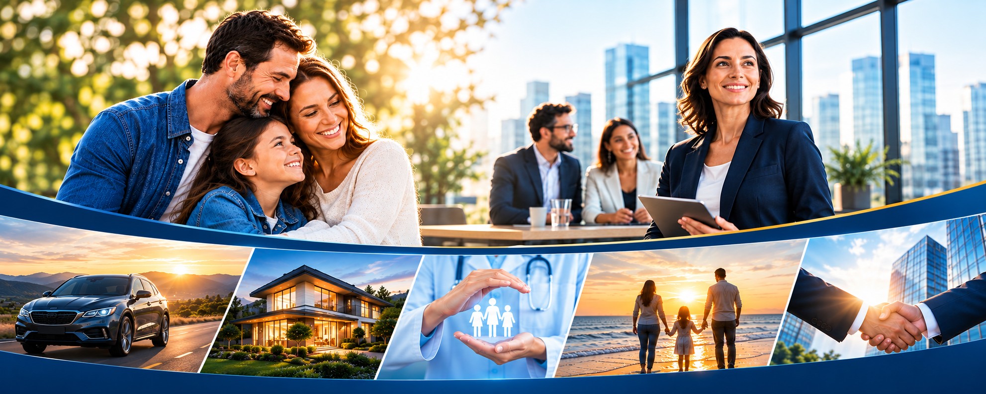 Família sorridente abraçada e consultora da Naccarato ao fundo, com fotos representando seguro de carro, casa, saúde, família e negócios